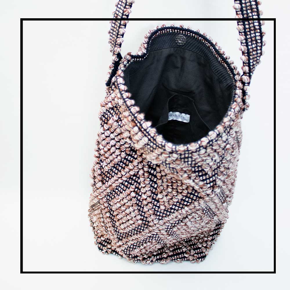 inside view for MELANGE BROWN and BLACK base bucket bag to complete your look with our selection of accessories crafted with the environment in mind