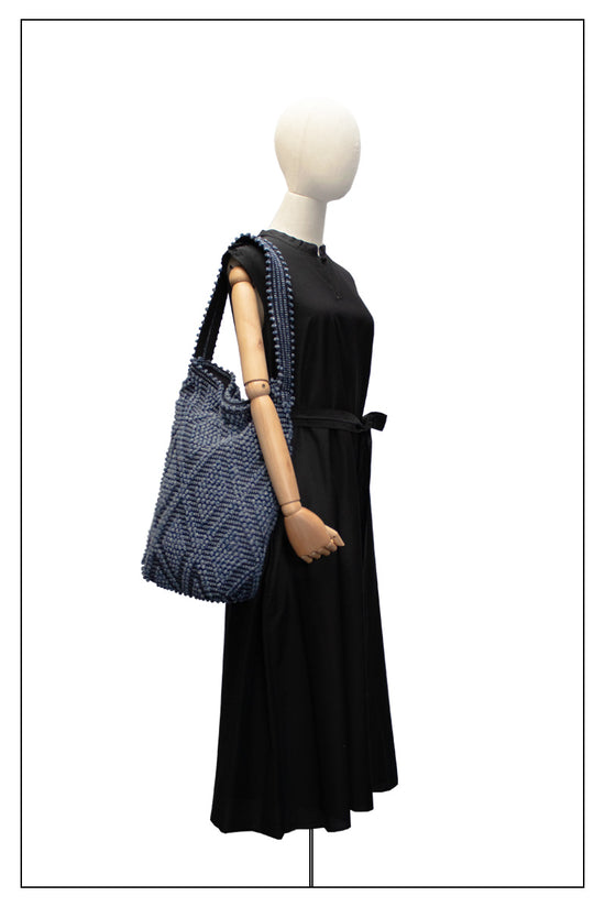 Blue Melange bucket bag with geometric pattern this is a summer bag - luxury handbag - handwoven tote made in Italy by hand • timeless individualistic fashion • eco-friendly fashion • socially responsible, lasting fashion