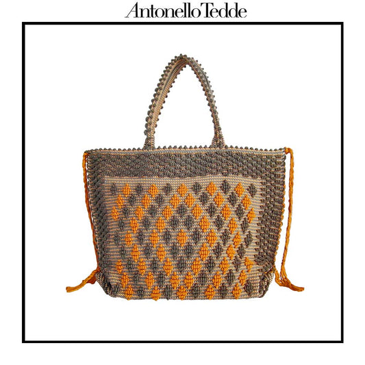 Sustainable ORANGE and TAUPE tote bag featuring a unique pattern of small diamonds forming a larger diamond, crafted using authentic Sardinian hand-weaving techniques in ethically managed factories. This eco-conscious tote bag combines contemporary design with traditional craftsmanship, offering a stylish accessory that embodies sustainability and cultural heritage.