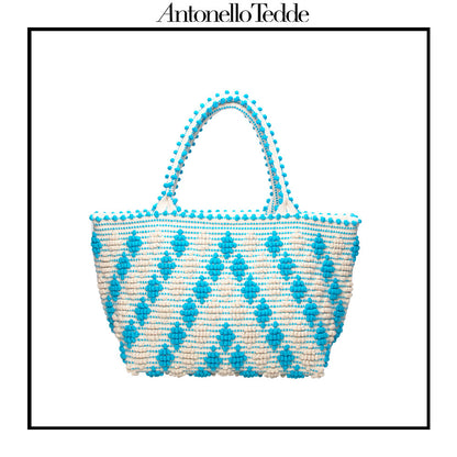 CELVIA Medium  - Reimagined Classic Little Diamonds Handwoven Tote Handbag - TURQUOISE and CREAM cotton bag