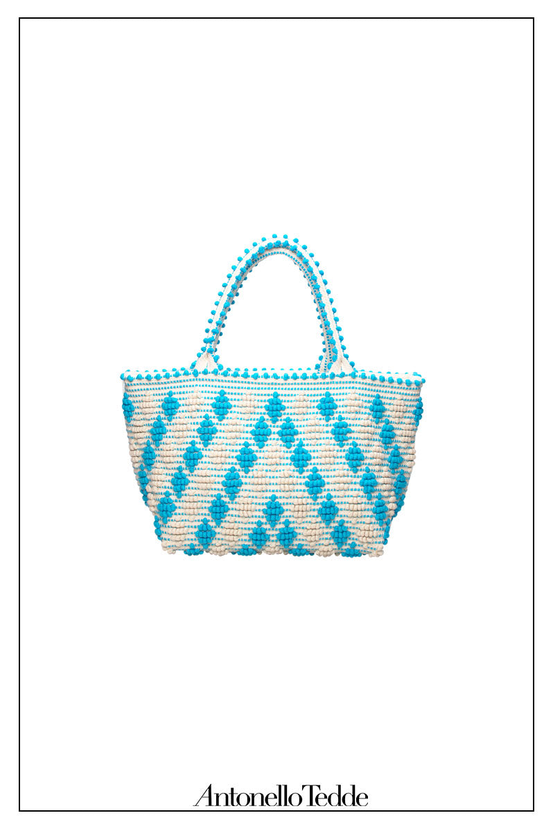 CELVIA Medium  - Reimagined Classic Little Diamonds Handwoven Tote Handbag - TURQUOISE and CREAM cotton bag