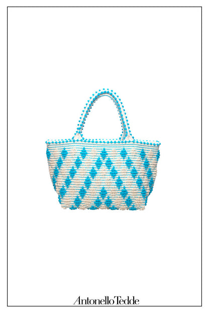 CELVIA Medium  - Reimagined Classic Little Diamonds Handwoven Tote Handbag - TURQUOISE and CREAM cotton bag