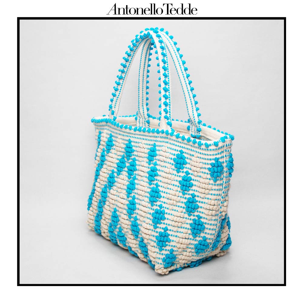 CELVIA Medium  - Reimagined Classic Little Diamonds Handwoven Tote Handbag - TURQUOISE and CREAM cotton bag