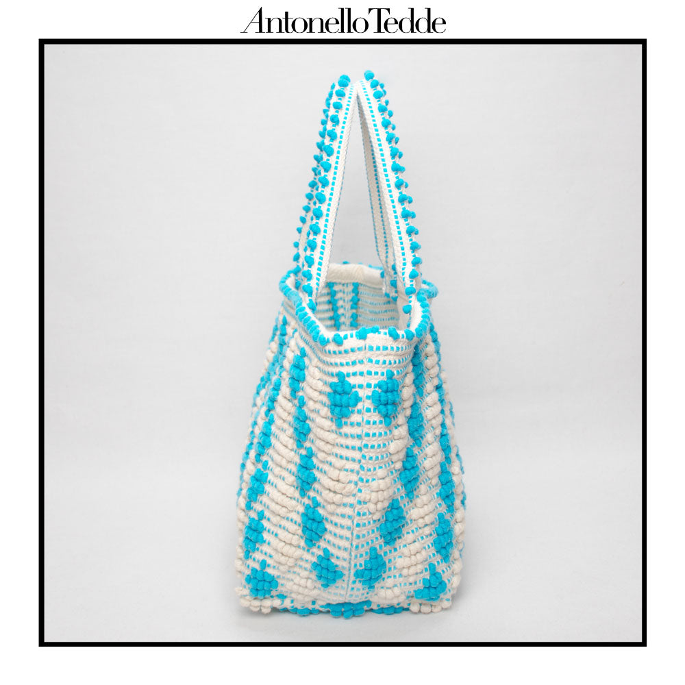 CELVIA Medium  - Reimagined Classic Little Diamonds Handwoven Tote Handbag - TURQUOISE and CREAM cotton bag