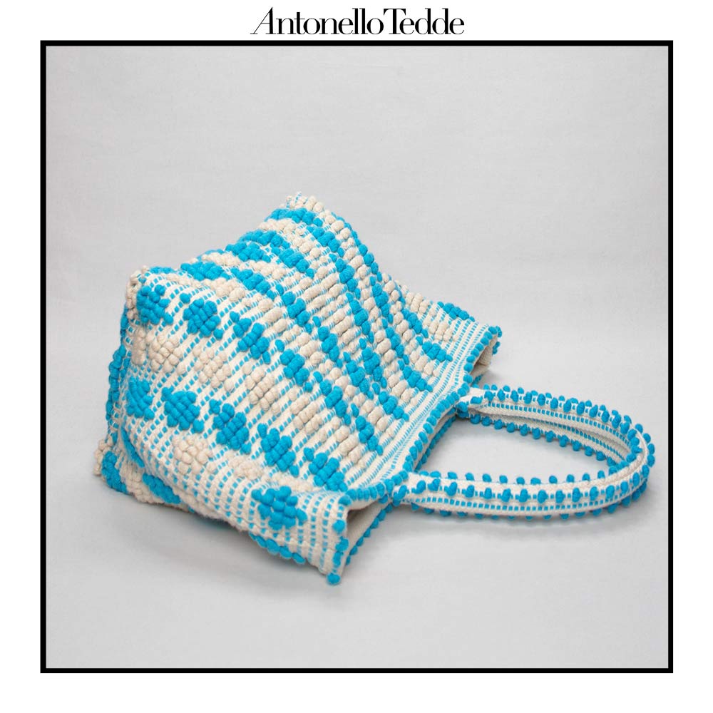 CELVIA Medium  - Reimagined Classic Little Diamonds Handwoven Tote Handbag - TURQUOISE and CREAM cotton bag