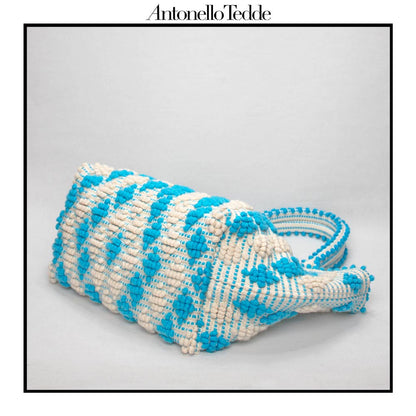 CELVIA Medium  - Reimagined Classic Little Diamonds Handwoven Tote Handbag - TURQUOISE and CREAM cotton bag