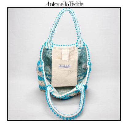 CELVIA Medium  - Reimagined Classic Little Diamonds Handwoven Tote Handbag - TURQUOISE and CREAM cotton bag