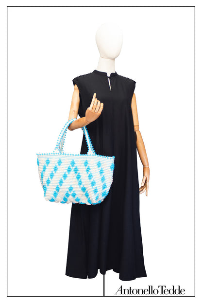 CELVIA Medium  - Reimagined Classic Little Diamonds Handwoven Tote Handbag - TURQUOISE and CREAM cotton bag