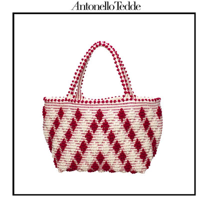 CELVIA Medium  - Reimagined Classic Little Diamonds Handwoven Tote Handbag - RED and CREAM cotton bag