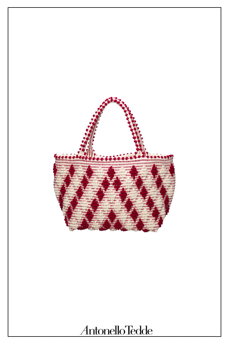 CELVIA Medium  - Reimagined Classic Little Diamonds Handwoven Tote Handbag - RED and CREAM cotton bag