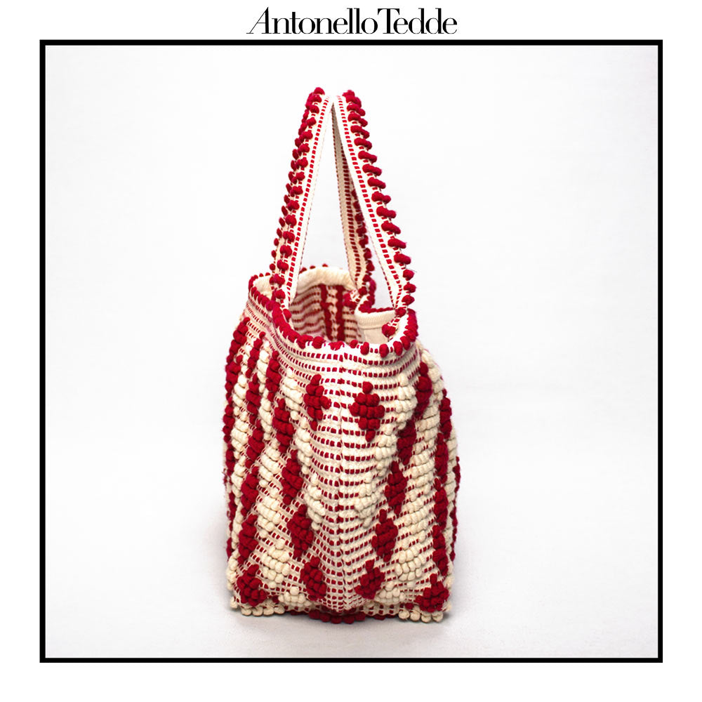 CELVIA Medium  - Reimagined Classic Little Diamonds Handwoven Tote Handbag - RED and CREAM cotton bag