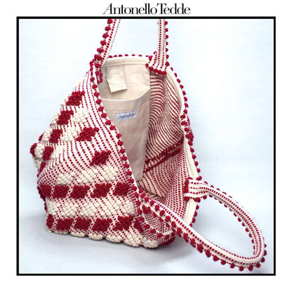 CELVIA Medium  - Reimagined Classic Little Diamonds Handwoven Tote Handbag - RED and CREAM cotton bag