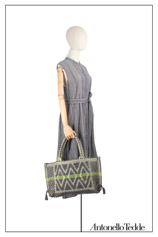 Medium TOTE grey and green ON MODEL with grey khadi dress perfect for the summer - bag - luxury handbag - handwoven tote made in Italy by hand • timeless individualistic fashion • eco-friendly fashion • socially responsible, lasting fashion