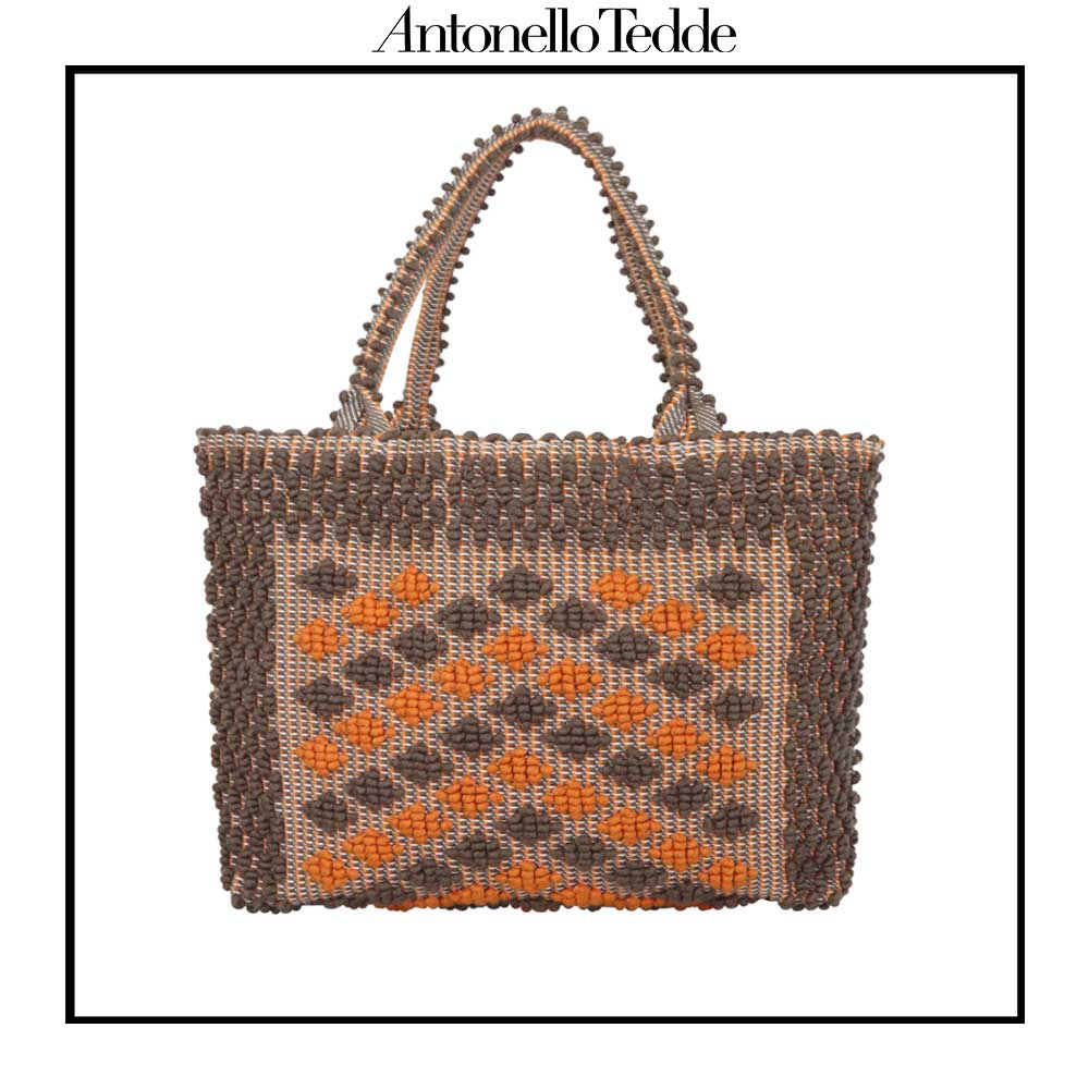 URTEI Rombetti. Ethically Crafted Sardinian Handwoven Cotton tote: Sustainable Elegance preserving traditions TAUPE and ORANGE bag