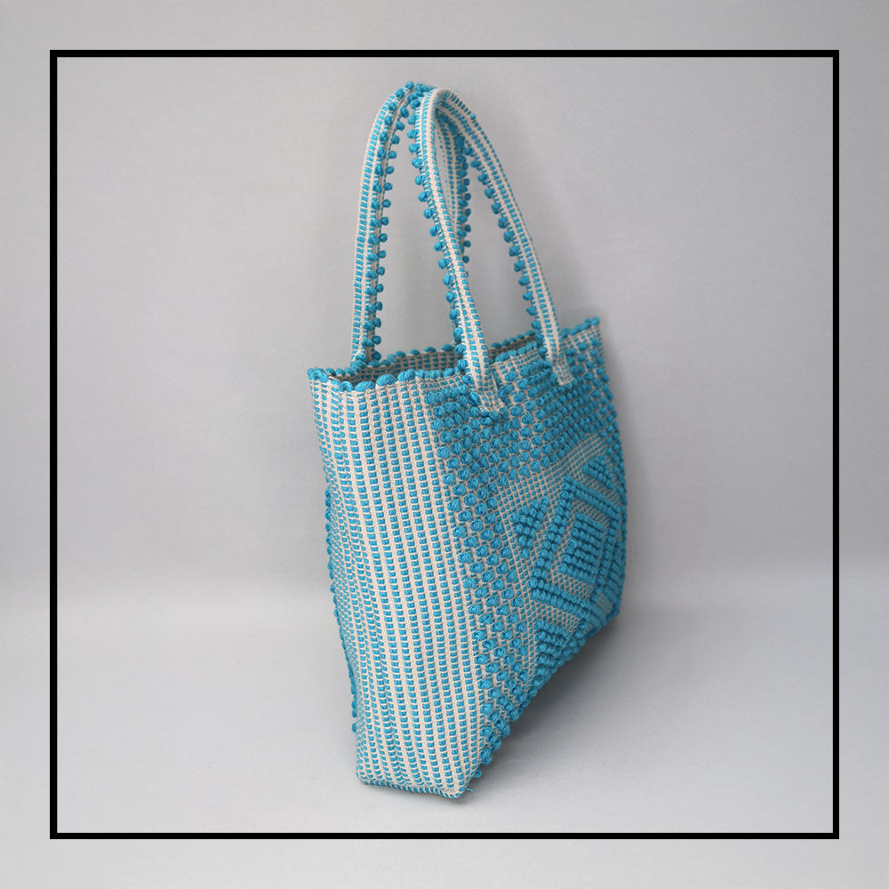 Urtei Medium Sustainable Tote Bag in Handwoven Turquoise  Linen and Cream Cotton with Iconic Rombi Pattern - Eco-Friendly Artisanal Design by Antonello Tedde