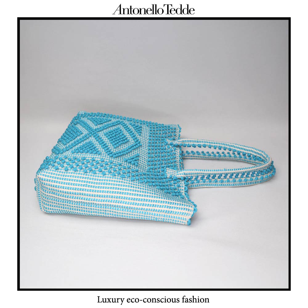 Urtei Medium Sustainable Tote Bag in Handwoven Turquoise  Linen and Cream Cotton with Iconic Rombi Pattern - Eco-Friendly Artisanal Design by Antonello Tedde