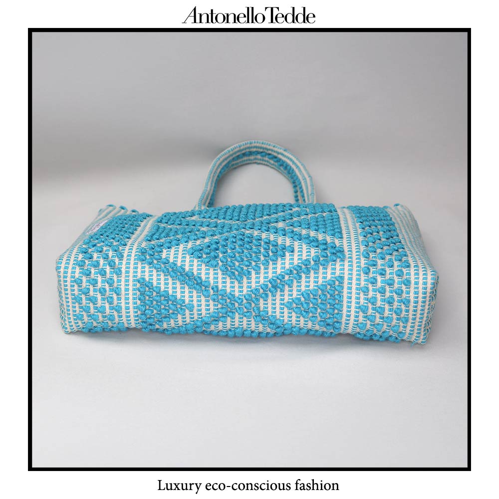 Urtei Medium Sustainable Tote Bag in Handwoven Turquoise  Linen and Cream Cotton with Iconic Rombi Pattern - Eco-Friendly Artisanal Design by Antonello Tedde