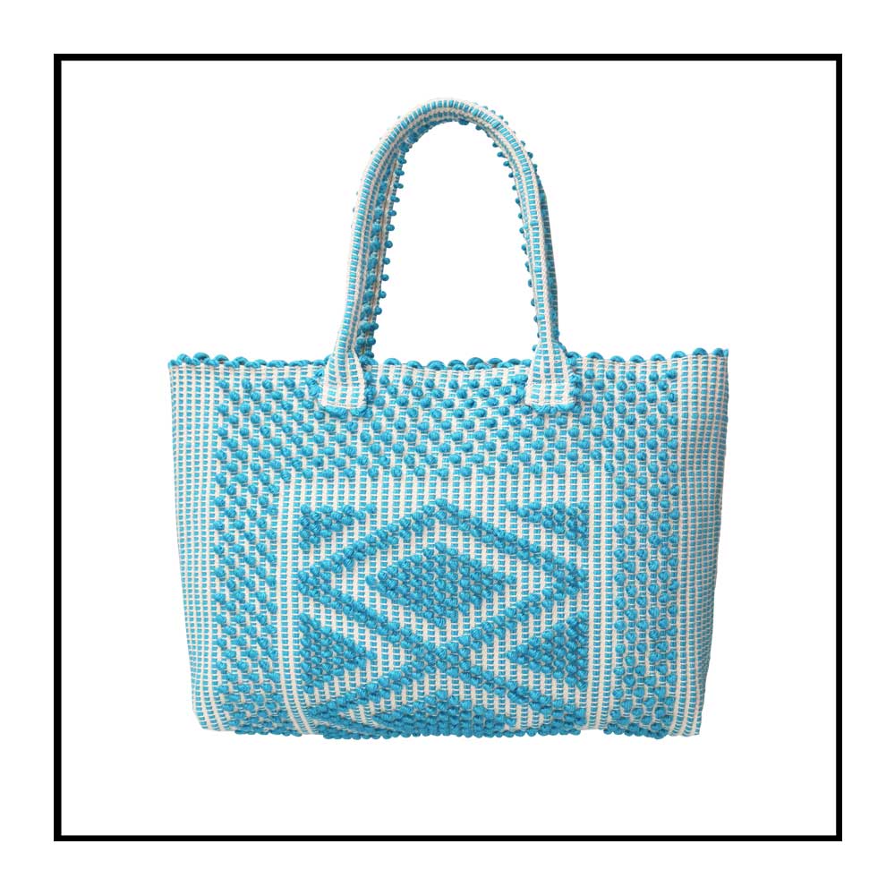 Urtei Medium Sustainable Tote Bag in Handwoven Turquoise  Linen and Cream Cotton with Iconic Rombi Pattern - Eco-Friendly Artisanal Design by Antonello Tedde