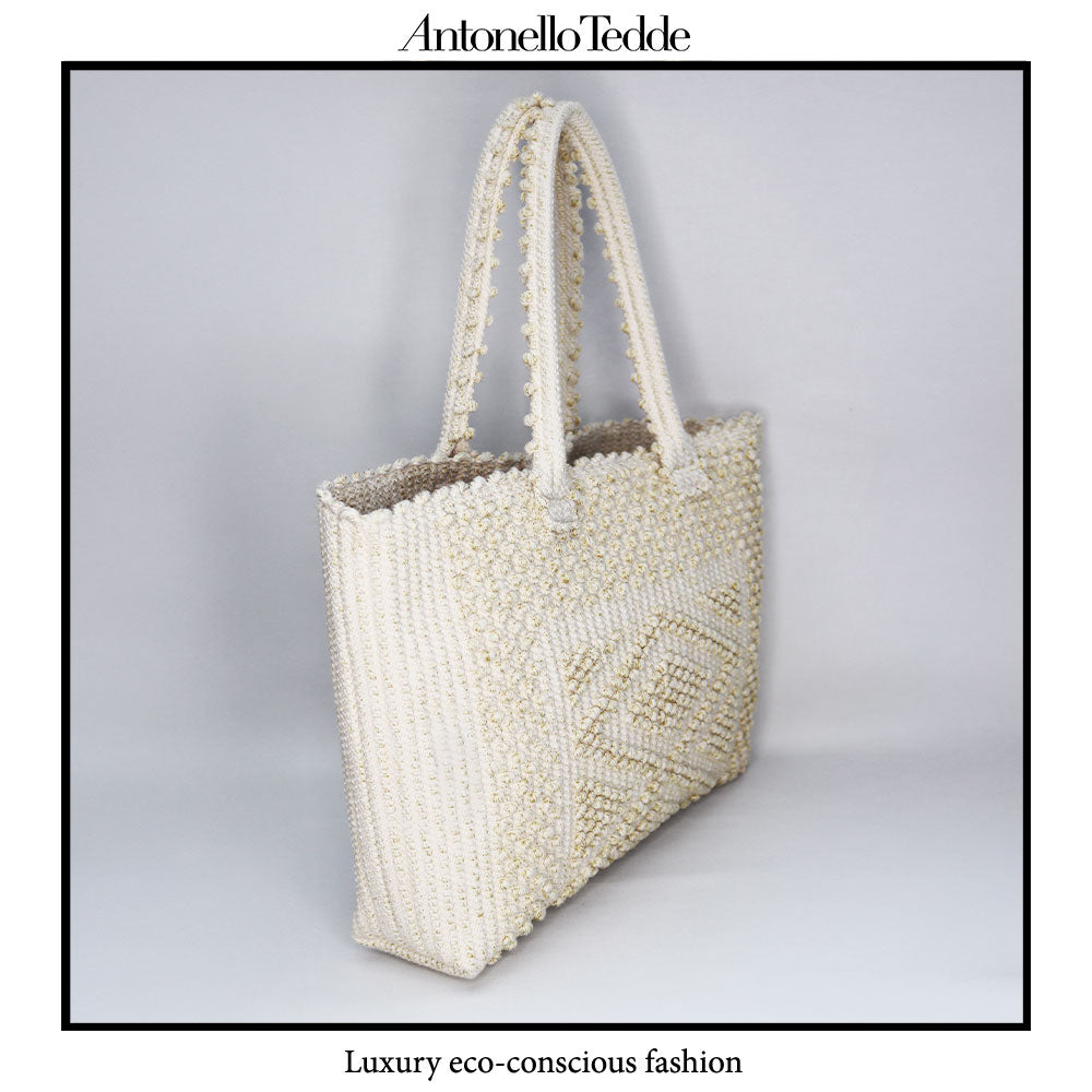 Urtei Rombi - Ethically Crafted Sardinian Handwoven Cotton tote: Sustainable Elegance preserving traditions CREAM GOLD