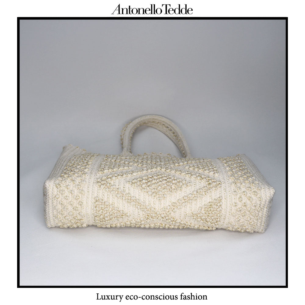 Urtei Rombi - Ethically Crafted Sardinian Handwoven Cotton tote: Sustainable Elegance preserving traditions CREAM GOLD