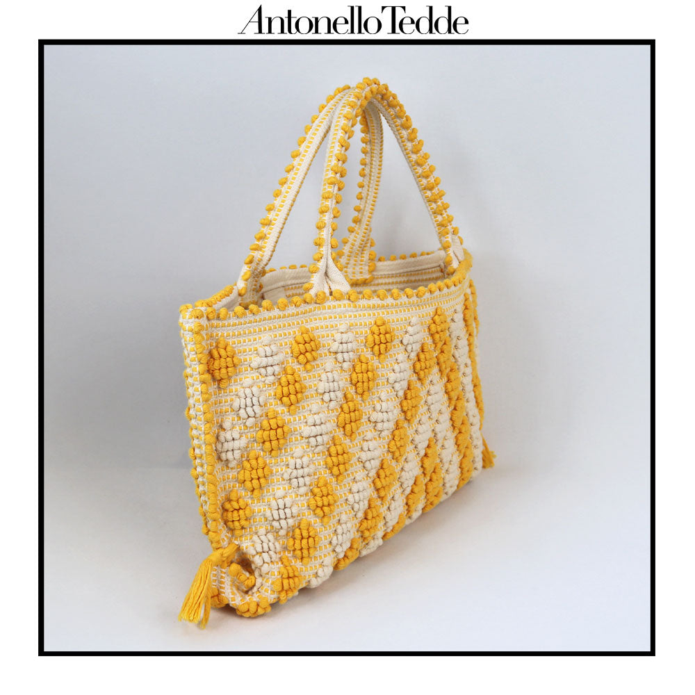 CAPRICCIOLI Medium - Handwoven Tote Handbag - Iconic Rombetti Revival  - YELLOW and CREAM cotton bag