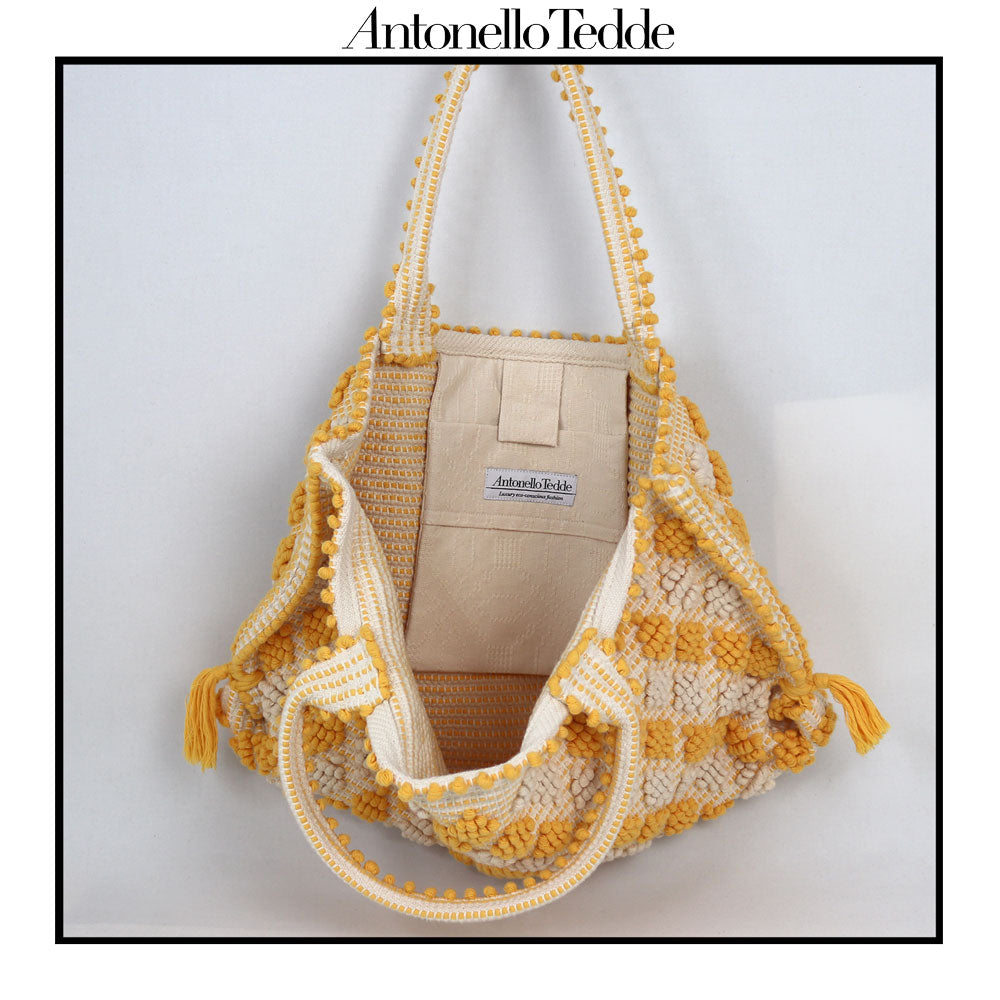 CAPRICCIOLI Medium - Handwoven Tote Handbag - Iconic Rombetti Revival  - YELLOW and CREAM cotton bag