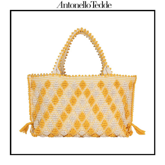 CAPRICCIOLI Medium - Handwoven Tote Handbag - Iconic Rombetti Revival  - YELLOW and CREAM cotton bag