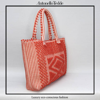 Urtei Medium Sustainable Tote Bag in Handwoven Coral and Cream Cotton with Iconic Rombetti Pattern - Eco-Friendly Artisanal Design by Antonello Tedde