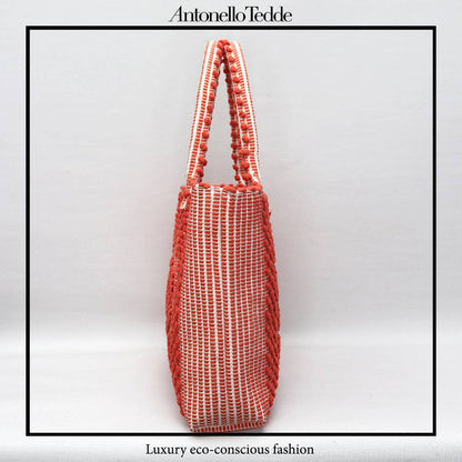 Urtei Medium Sustainable Tote Bag in Handwoven Coral and Cream Cotton with Iconic Rombetti Pattern - Eco-Friendly Artisanal Design by Antonello Tedde