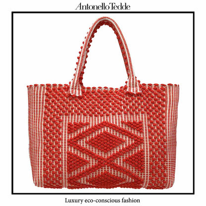 Urtei Medium Sustainable Tote Bag in Handwoven Coral and Cream Cotton with Iconic Rombetti Pattern - Eco-Friendly Artisanal Design by Antonello Tedde