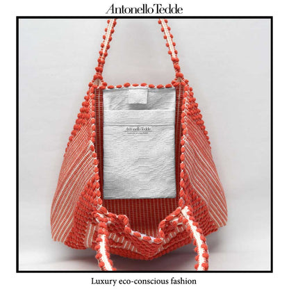 Urtei Medium Sustainable Tote Bag in Handwoven Coral and Cream Cotton with Iconic Rombetti Pattern - Eco-Friendly Artisanal Design by Antonello Tedde